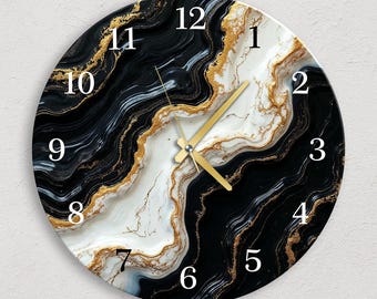 Large Tempered Glass Wall Clock, Modern Marble Art Decor, Silent Quartz Mechanism