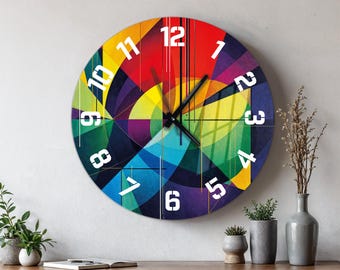 Horloge murale en verre surdimensionnée arc-en-ciel, art mural décoratif géométrique moderne, cadeau de pendaison de crémaillère
