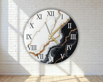 Horloge murale surdimensionnée en marbre moderne unique en verre noir blanc or décoration d'intérieur art contemporain