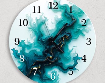 Abstract Large Blue Gold Tempered Glass Wall Clock: Silent Quartz Art Decor