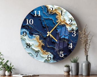 Horloge murale en verre surdimensionnée, cuisine unique en or bleu abritant de l'art mural moderne, cadeau de pendaison de crémaillère