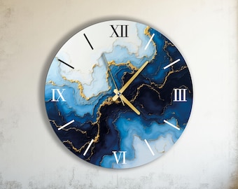 Grandes horloges murales abstraites en marbre bleu doré, arts du verre modernes, cadeau de pendaison de crémaillère