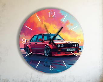 Grande horloge murale rétro E30 en verre trempé de voiture rouge, art automobile moderne, cadeau de pendaison de crémaillère