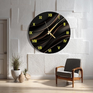 Grande horloge murale personnalisée unique surdimensionnée en verre trempé doré, bronze noir, cadeau pour une nouvelle maison, cadeau de pendaison de crémaillère