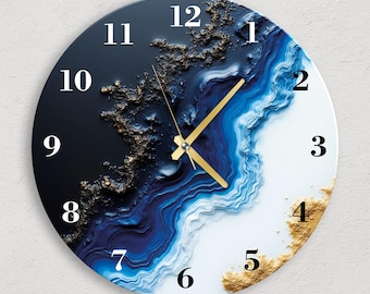 Grande horloge murale moderne en verre trempé et or bleu, grande décoration artistique, cadeau pour la maison neuve