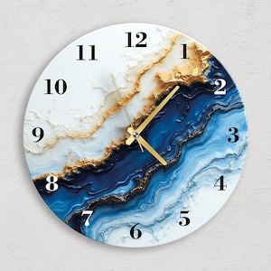 Oversized Unique Modern Large Glass Wall Clocks Blue White Gold Marble Desing Art