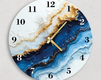 Grandes horloges murales modernes et surdimensionnées en verre, marbre bleu et or blanc, conception d'art