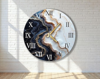 Grandes horloges murales en verre, décoration surdimensionnée en marbre noir et or blanc, cadeau de pendaison de crémaillère