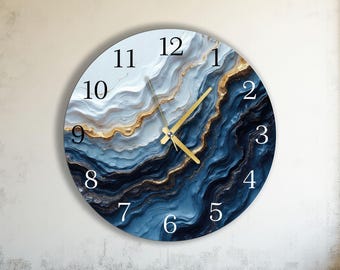 Grande horloge murale en verre moderne et unique surdimensionnée, cadeau de pendaison de crémaillère en marbre bleu