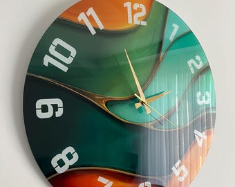 Horloges murales surdimensionnées bleu sarcelle et ambre grand verre art abstrait déco cadeau de pendaison de crémaillère