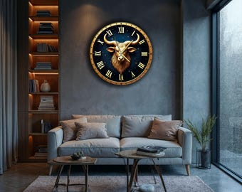 Horloge murale surdimensionnée en forme de tête de taureau, décoration zodiaque noire et dorée
