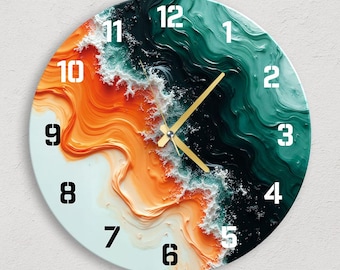 Horloge murale surdimensionnée abstraite en verre trempé : art orange vert