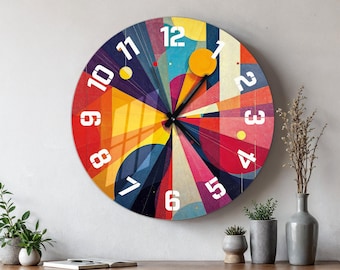 Horloge murale en verre arc-en-ciel, art mural surdimensionné abstrait moderne géométrique, cadeau de pendaison de crémaillère