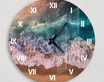 Horloges murales surdimensionnées en verre trempé Ocean Wave : cadeau de pendaison de crémaillère d'art côtier moderne