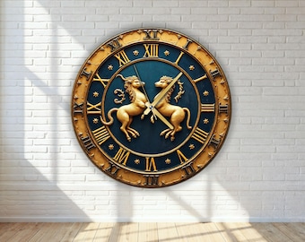 Horloge murale surdimensionnée en verre, motif chevaux jumeaux bleu et or, chiffres romains modernes