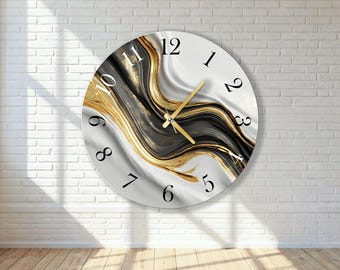 Grandes horloges murales en verre, marbre et or noir, décoration d'intérieur silencieuse, cadeau de pendaison de crémaillère