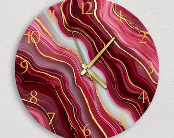 Glass Oversized Modern Unique Red Gold Marble Wall Clock: Modern Abstract Art Decor