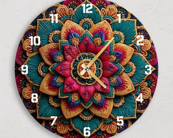 Horloge murale surdimensionnée, mandala bohème, décoration d'art mural abstrait coloré en verre