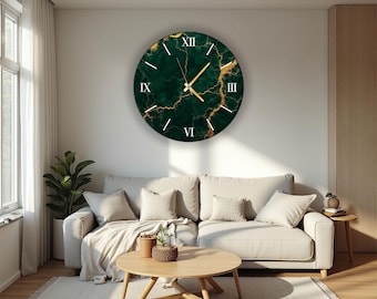 Reloj de pared de cristal y mármol verde, decoración moderna maximalista de gran tamaño para anfitriones, adorno para el nuevo hogar.
