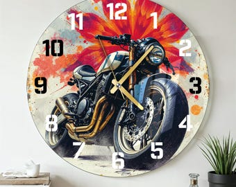 Horloge murale en verre surdimensionnée moderne, décoration d'art mural moto minimaliste vintage, cadeau de pendaison de crémaillère