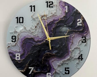 Reloj de pared de cristal grande de mármol morado único y de gran tamaño, decoración moderna para el hogar.