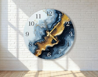 Grande horloge murale surdimensionnée moderne en verre, cadeau de pendaison de crémaillère en marbre bleu et or