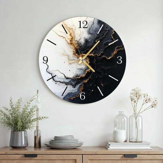Moderne Glas Wanduhr, Schwarz Weiß Marmor Design, Große Dekorative Wanduhr, Leise Quarzuhr