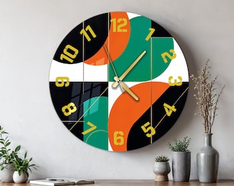Horloge murale surdimensionnée en verre trempé, art mural de cuisine moderne unique du milieu du siècle, cadeau de pendaison de crémaillère