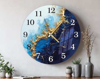 Horloge murale en verre doré bleu, décoration d'art moderne surdimensionnée du milieu du siècle