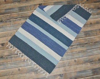 Hand Woven Rug - 24" x 36"- Blues and natural