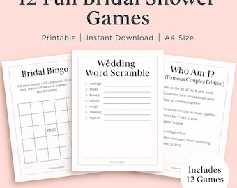 May include: A collection of printable bridal shower games, including Bingo, a word scramble, and a "Who Am I?" game. The games are designed for instant download and are A4 size. The image features the text "12 Fun Bridal Shower Games."