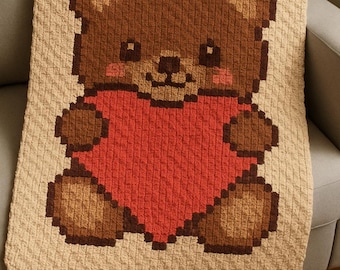 Cute C2C Crochet Bear Blanket Pattern PDF – Corner to Corner Graph with Heart – Digital Baby Throw Pattern for Beginners