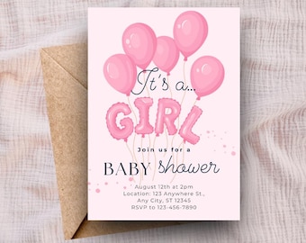 It's A Girl Pink Balloon Baby Shower Invitation Template