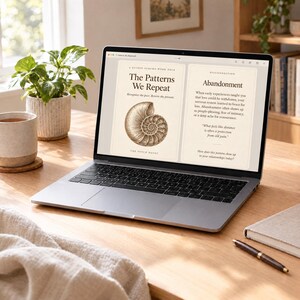 Puede incluir: Un port&aacute;til plateado que muestra un documento digital titulado The Patterns We Repeat, con una ilustraci&oacute;n de una concha de nautilo y texto sobre el abandono, colocado sobre un escritorio de madera con una taza, un bol&iacute;grafo y un cuaderno.