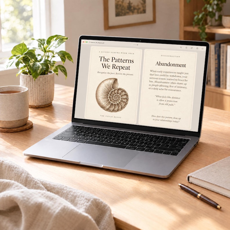 Puede incluir: Un port&aacute;til plateado que muestra un documento digital titulado The Patterns We Repeat, con una ilustraci&oacute;n de una concha de nautilo y texto sobre el abandono, colocado sobre un escritorio de madera con una taza, un bol&iacute;grafo y un cuaderno.