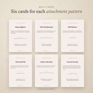 May include: Six rectangular cards arranged in two rows of three, featuring the text 'WHAT'S INSIDE Six cards for each attachment pattern'. Each card displays a specific psychological pattern title, a descriptive paragraph, a quote, and a question.