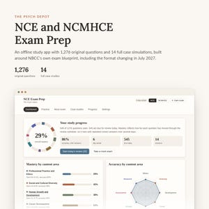 Puede incluir: Una interfaz digital para la preparación de exámenes NCE y NCMHCE de The Psych Depot. El panel muestra el progreso de estudio, incluyendo un círculo de dominio del 29%, porcentajes de precisión y desgloses de áreas con gráficos de revisión.