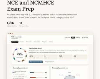 NCE-, NCMHCE- och CPCE-examensförberedelseapp | 1 276 frågor, 14 fallstudier (digital nedladdning)