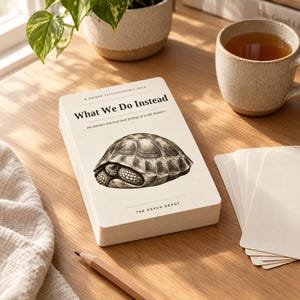 May include: A deck of off-white cards titled What We Do Instead, featuring a black and white illustration of a tortoise. The text reads A Guided Psychodynamic Deck, The defences that keep hard feelings at a safe distance, and The Psych Depot.