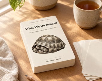Puede incluir: Un mazo de cartas color crema titulado What We Do Instead, con una ilustración en blanco y negro de una tortuga. El texto dice A Guided Psychodynamic Deck, The defenses that keep hard feelings at a safe distance y The Psych Depot.