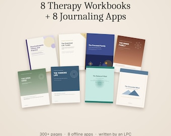 Terapiarbetsbok: DBT, KBT, ACT, Ångest, Delarbete, Psykodynamisk, Existentiell, Föräldraskap | 8 arbetsböcker + journalföringsappar