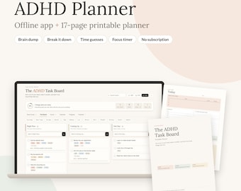 ADHD-planerare för vuxna, offline-app och utskrivbar planerare i PDF-format, hjärndump, dagliga och veckovisa sidor, fokustimer, odaterad, ingen prenumeration