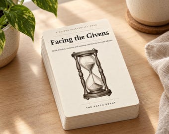 May include: A deck of cards titled Facing the Givens, A Guided Existential Deck. The card features a black and white illustration of an hourglass, with the text Death, freedom, isolation and meaning, and how to live with all four and The Psych Depot.