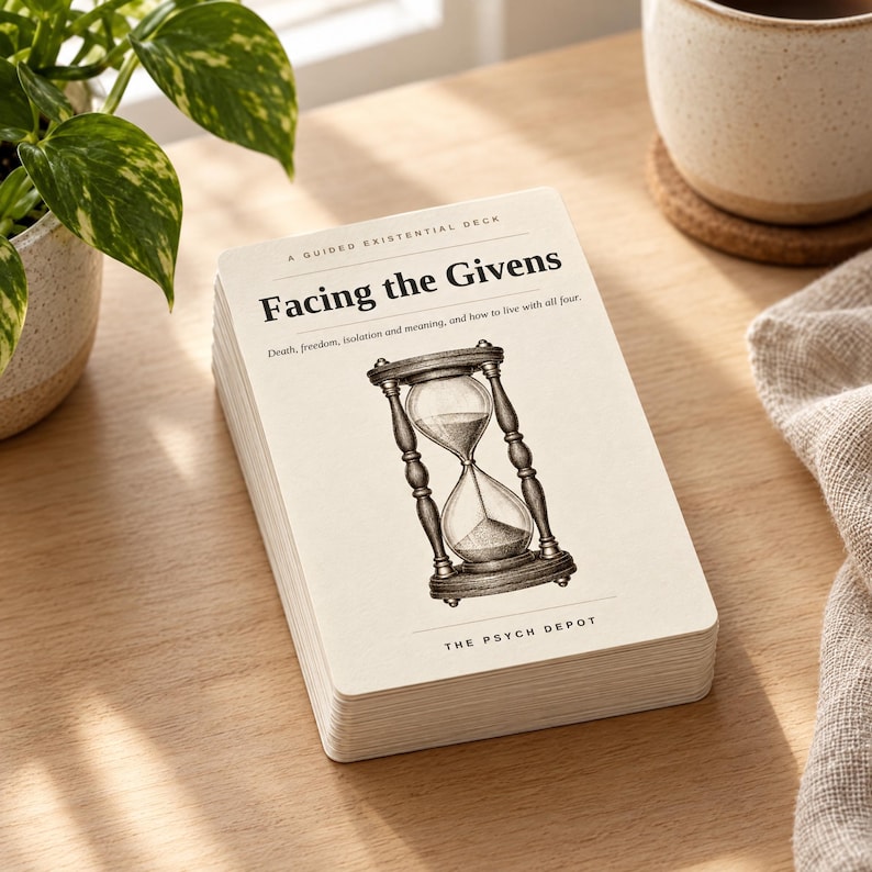 May include: A deck of cards titled Facing the Givens, A Guided Existential Deck. The card features a black and white illustration of an hourglass, with the text Death, freedom, isolation and meaning, and how to live with all four and The Psych Depot.