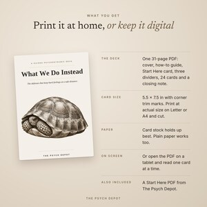 May include: A digital product listing for What We Do Instead, a guided psychodynamic deck. The image shows a card with a turtle illustration, text details on a 31-page PDF, 5.5 x 7.5 inch card size, and printing instructions on a light background.