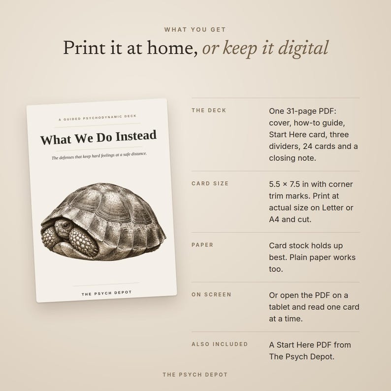 May include: A digital product listing for What We Do Instead, a guided psychodynamic deck. The image shows a card with a turtle illustration, text details on a 31-page PDF, 5.5 x 7.5 inch card size, and printing instructions on a light background.