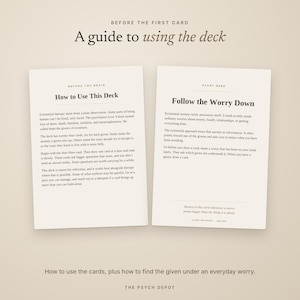 May include: Two off-white rectangular cards with black text. The left card is titled How to Use This Deck and the right card is titled Follow the Worry Down. Both cards contain paragraphs of instructional text on a light beige background.