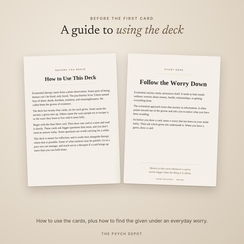 May include: Two off-white rectangular cards with black text. The left card is titled How to Use This Deck and the right card is titled Follow the Worry Down. Both cards contain paragraphs of instructional text on a light beige background.