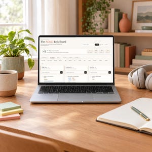 May include: A silver laptop displaying a digital interface titled The ADHD Task Board, featuring sections for tasks labeled Right Now, Coming Up, and One Day, with a progress circle, navigation menu, and search bar on a clean, light-colored screen.