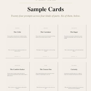 Puede incluir: Un conjunto de seis tarjetas de muestra con texto negro sobre un fondo beige claro. Las tarjetas est&aacute;n tituladas A LOOK INSIDE, Sample Cards y Twenty-four prompts across four kinds of parts. Six of them, below. Cada tarjeta presenta un nombre y una pregunta.